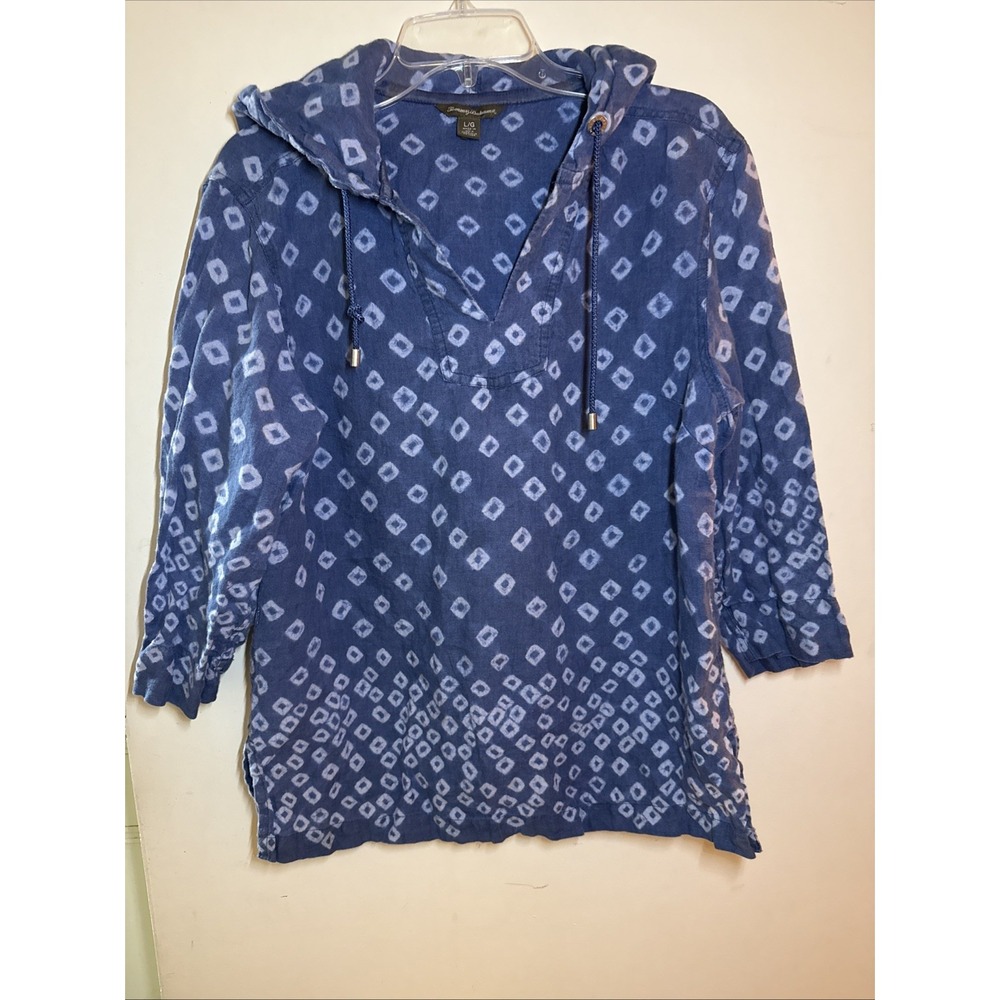 Tommy Bahama 100% Linen Hoodie Womens L Blue Batik Geometric Tunic Resort Beach